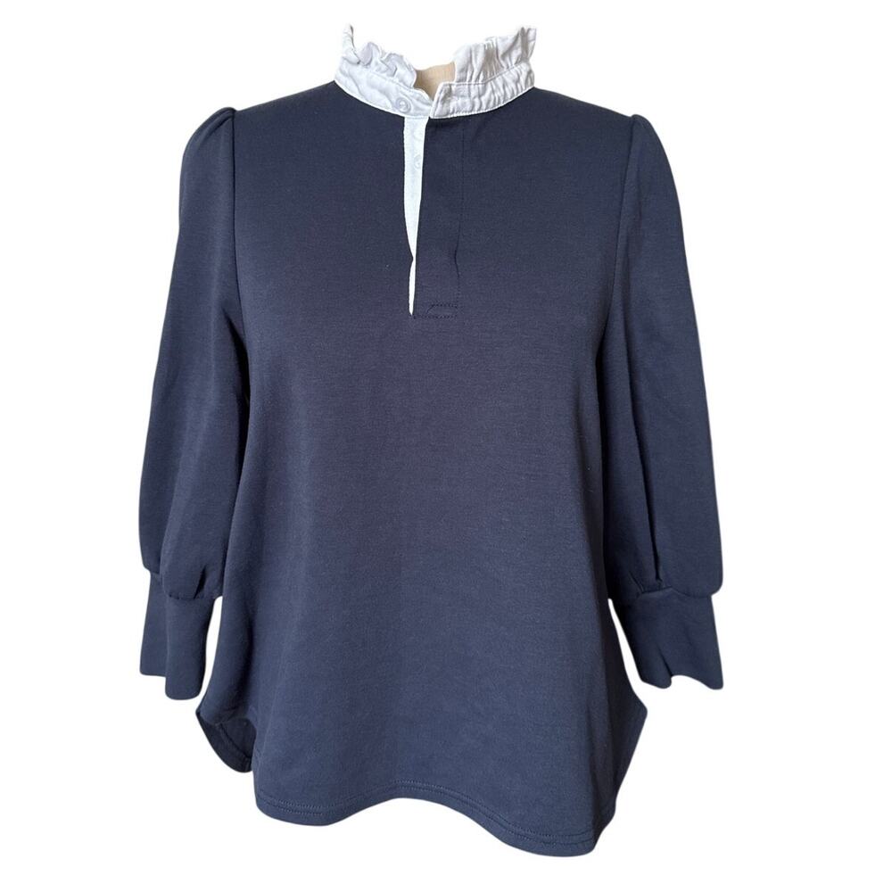 Pomander Place Ruffle Polo Short Top in Navy Blue Size Small